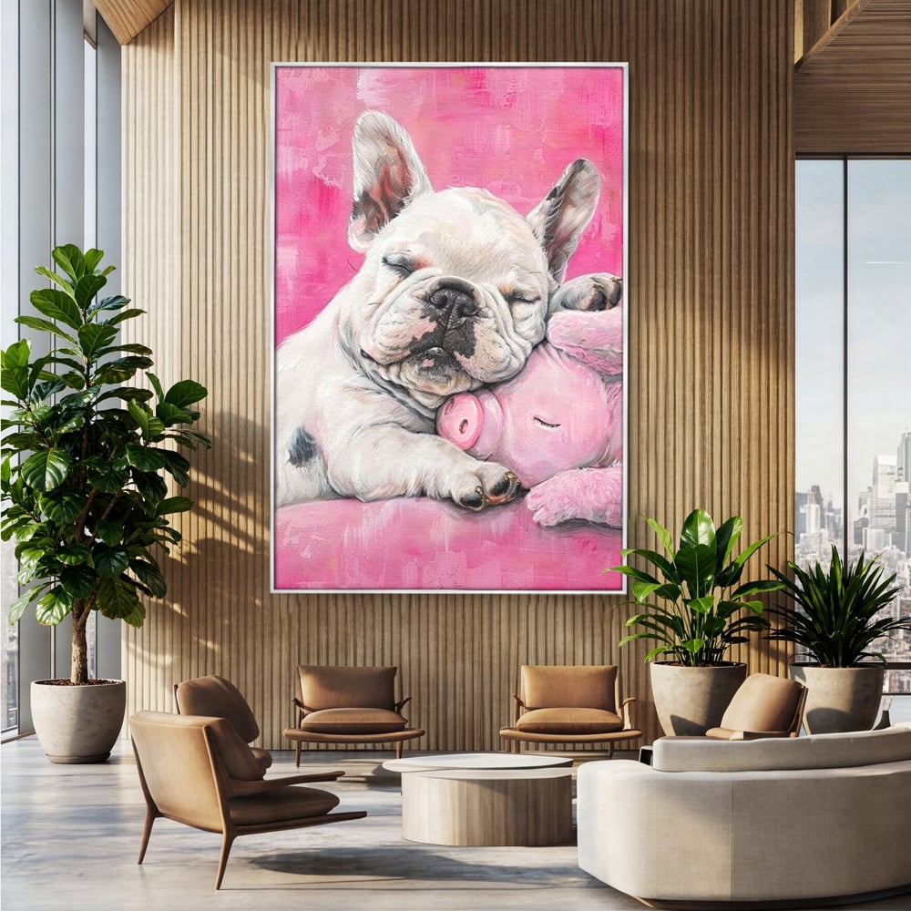 Tablou canvas cu pictura cu bulldog si porcusor, in rama de aluminiu argintiu, pe perete intr-un birou